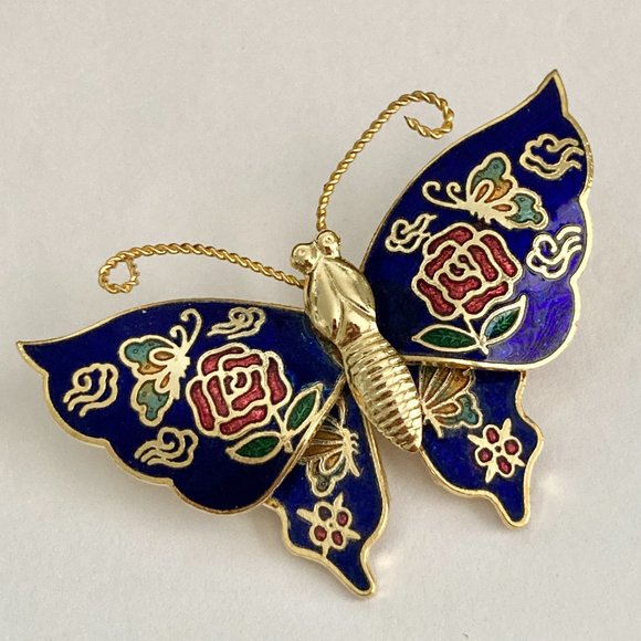 Vintage Cloisonne Butterfly Brooch Pin Flowers Blue Enamel Gold Plated Taiwan - Picture 6 of 12